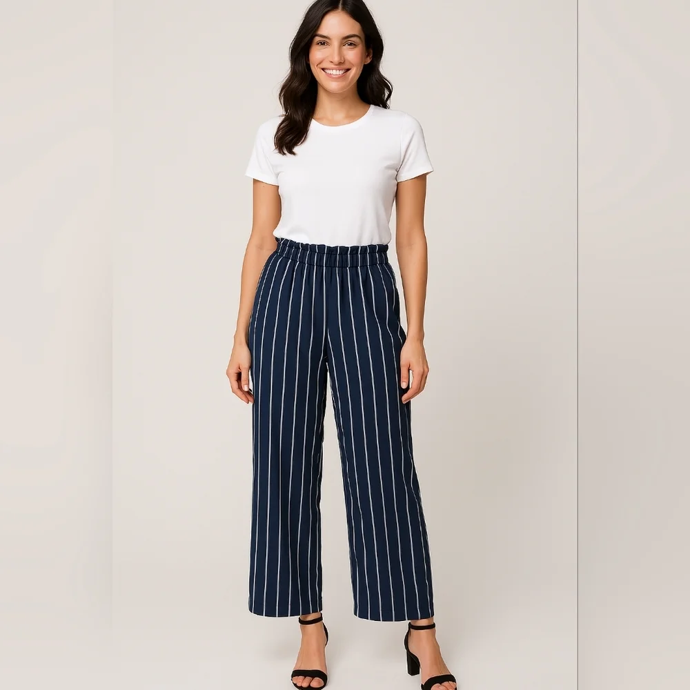 H&M Navy and White Office Siren Wide Leg Pull On Relaxed Striped Pants (#328)‎